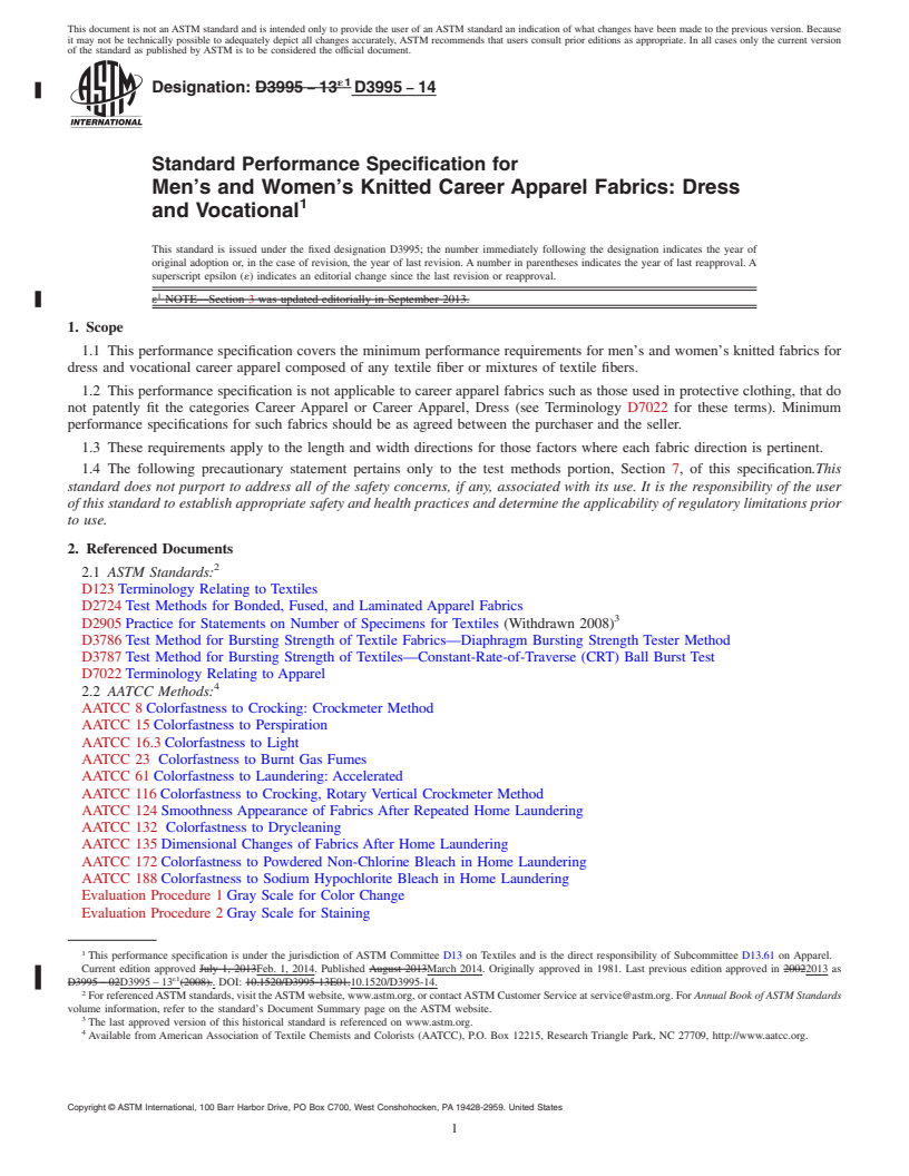 REDLINE ASTM D3995-14 - Standard Performance Specification for  Men&rsquo;s and Women&rsquo;s Knitted Career Apparel Fabrics: Dress and  Vocational