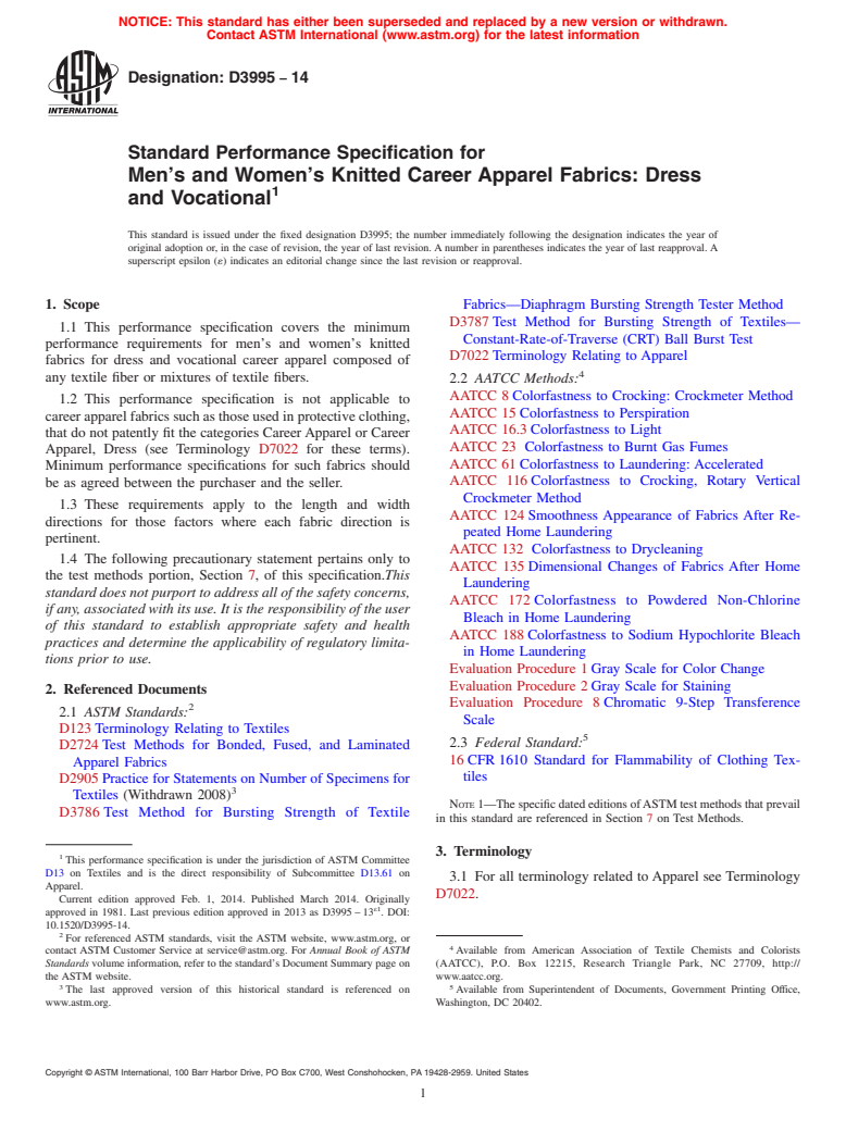 ASTM D3995-14 - Standard Performance Specification for  Men&rsquo;s and Women&rsquo;s Knitted Career Apparel Fabrics: Dress and  Vocational