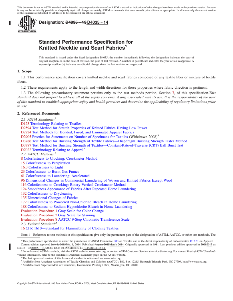 REDLINE ASTM D4035-14 - Standard Performance Specification for  Knitted Necktie and Scarf Fabrics