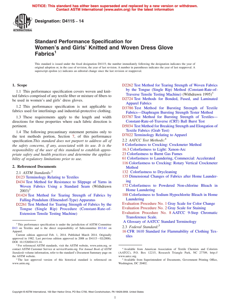 ASTM D4115-14 - Standard Performance Specification for  Women&rsquo;s and Girls&rsquo; Knitted and Woven Dress Glove Fabrics