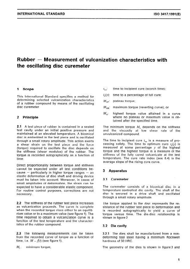 ISO 3417:1991 - Rubber -- Measurement of vulcanization characteristics with the oscillating disc curemeter
