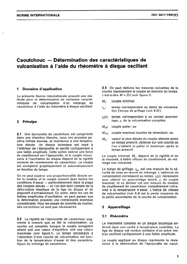 ISO 3417:1991 - Caoutchouc -- Détermination des caractéristiques de vulcanisation a l'aide du rhéometre a disque oscillant