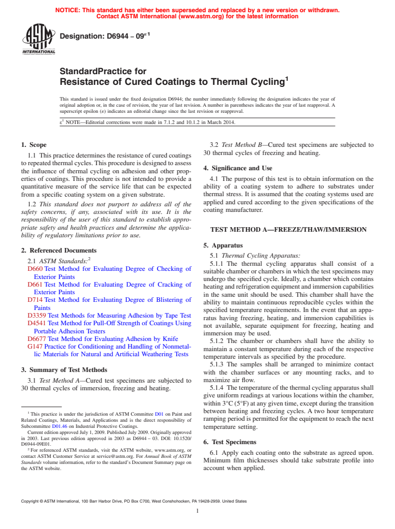 ASTM D6944-09e1 - Standard Practice for Resistance of Cured Coatings to Thermal Cycling