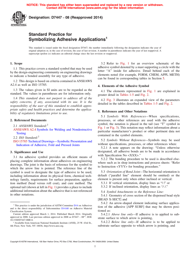 ASTM D7447-08(2014) - Standard Practice for Symbolizing Adhesive Applications