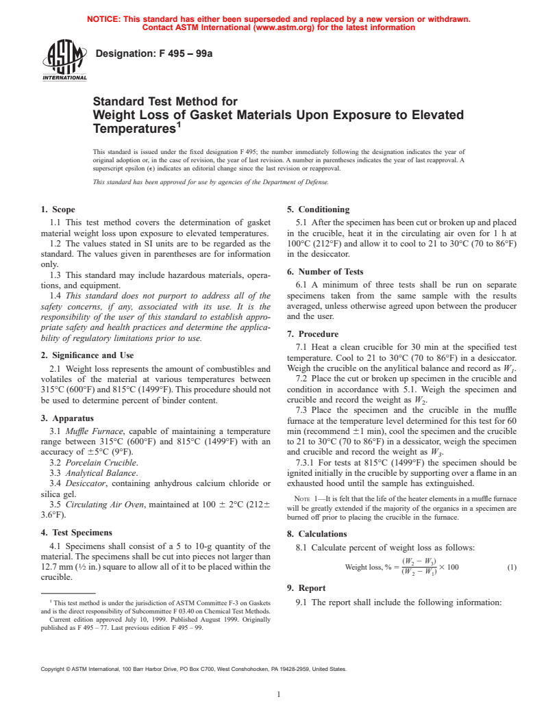 ASTM F495-99a - Standard Test Method for Weight Loss of Gasket Materials Upon Exposure to Elevated Temperatures