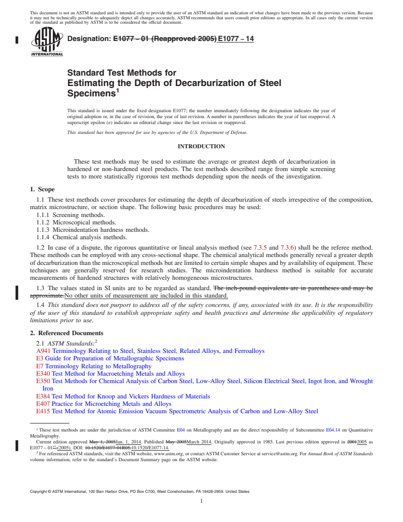 REDLINE ASTM E1077-14 - Standard Test Methods for  Estimating the Depth of Decarburization of Steel Specimens