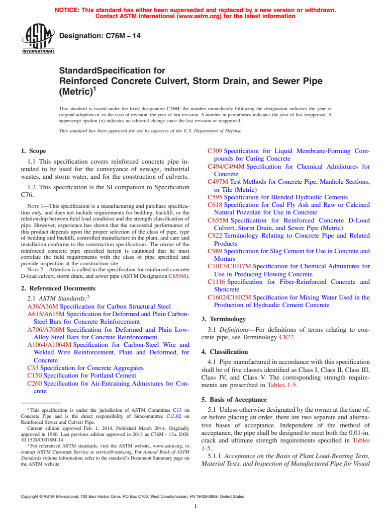 ASTM C76M-14 - Standard Specification for  Reinforced Concrete Culvert, Storm Drain, and Sewer Pipe &#40;Metric&#41;