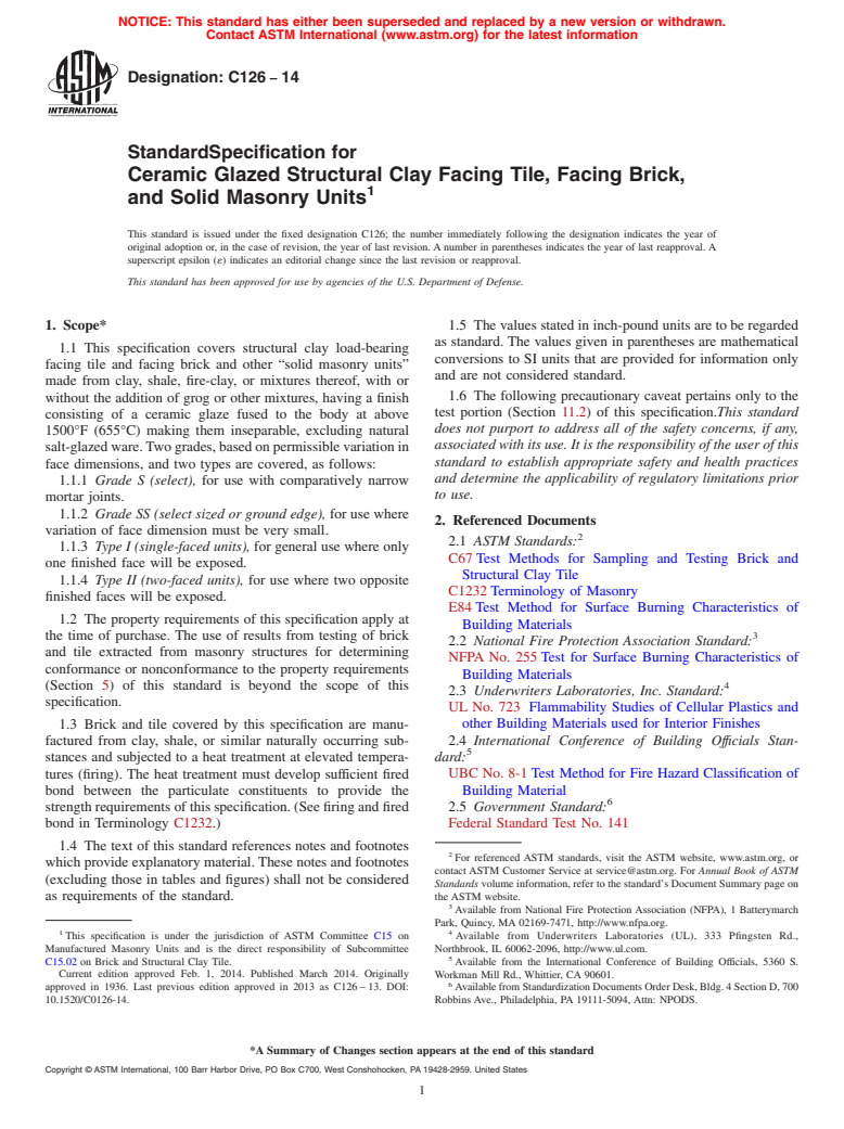 ASTM C126-14 - Standard Specification for  Ceramic Glazed Structural Clay Facing Tile, Facing Brick, and  Solid Masonry Units