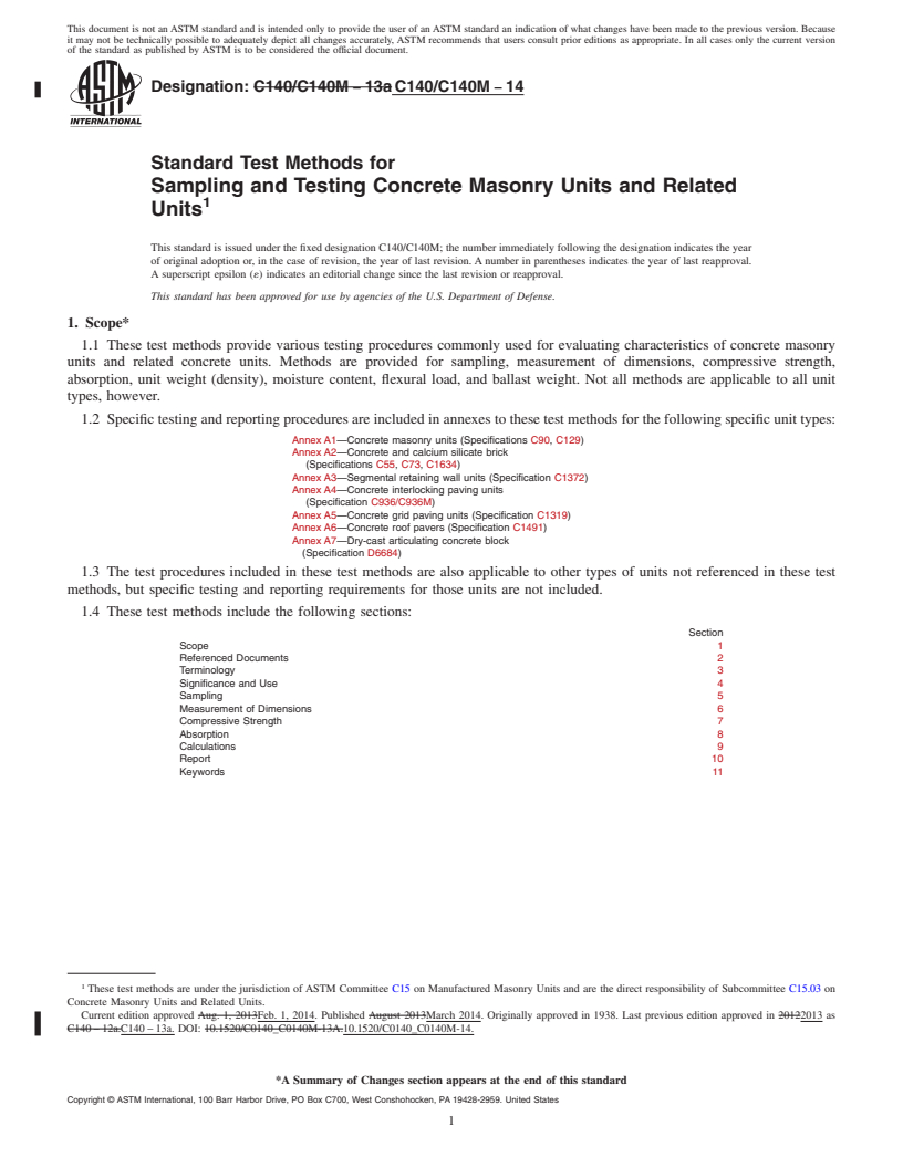 REDLINE ASTM C140/C140M-14 - Standard Test Methods for  Sampling and Testing Concrete Masonry Units and Related Units