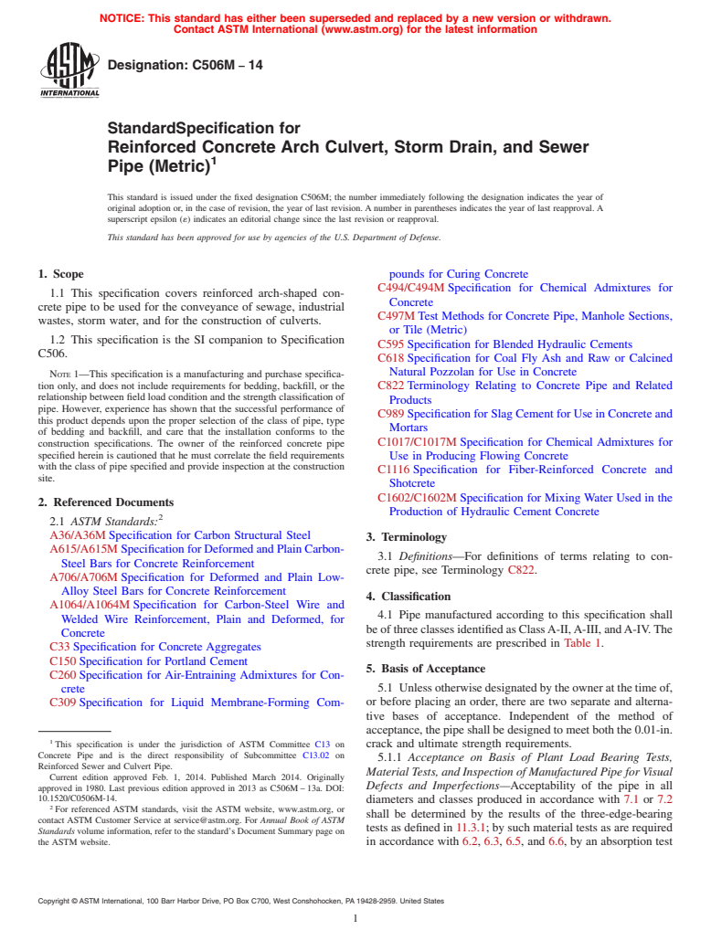 ASTM C506M-14 - Standard Specification for  Reinforced Concrete Arch Culvert, Storm Drain, and Sewer Pipe  &#40;Metric&#41;