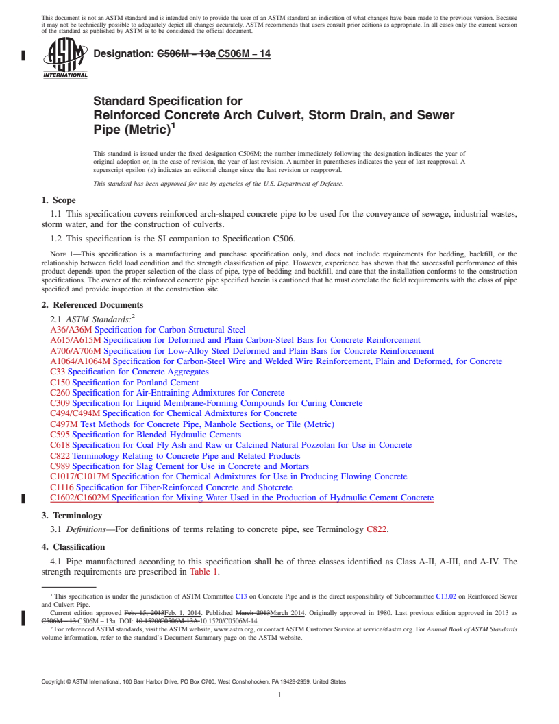 REDLINE ASTM C506M-14 - Standard Specification for  Reinforced Concrete Arch Culvert, Storm Drain, and Sewer Pipe  &#40;Metric&#41;