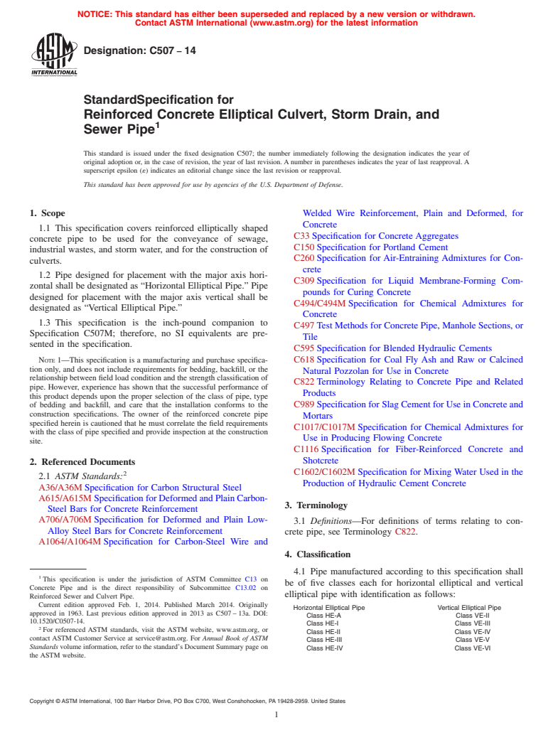 ASTM C507-14 - Standard Specification for  Reinforced Concrete Elliptical Culvert, Storm Drain, and Sewer  Pipe
