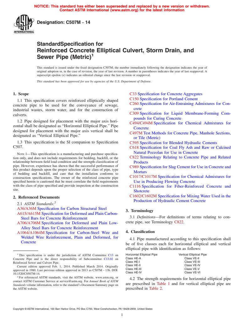 ASTM C507M-14 - Standard Specification for  Reinforced Concrete Elliptical Culvert, Storm Drain, and Sewer  Pipe &#40;Metric&#41;