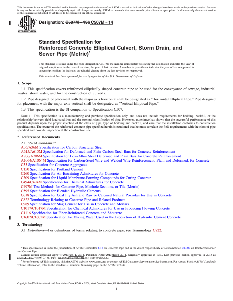 REDLINE ASTM C507M-14 - Standard Specification for  Reinforced Concrete Elliptical Culvert, Storm Drain, and Sewer  Pipe &#40;Metric&#41;