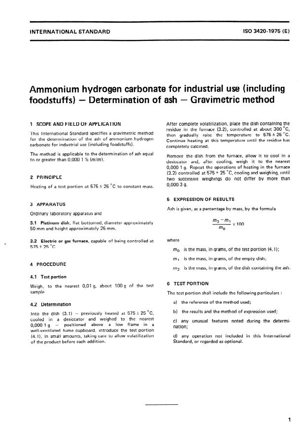ISO 3420:1975 - Ammonium hydrogen carbonate for industrial use (including foodstuffs) -- Determination of ash -- Gravimetric method