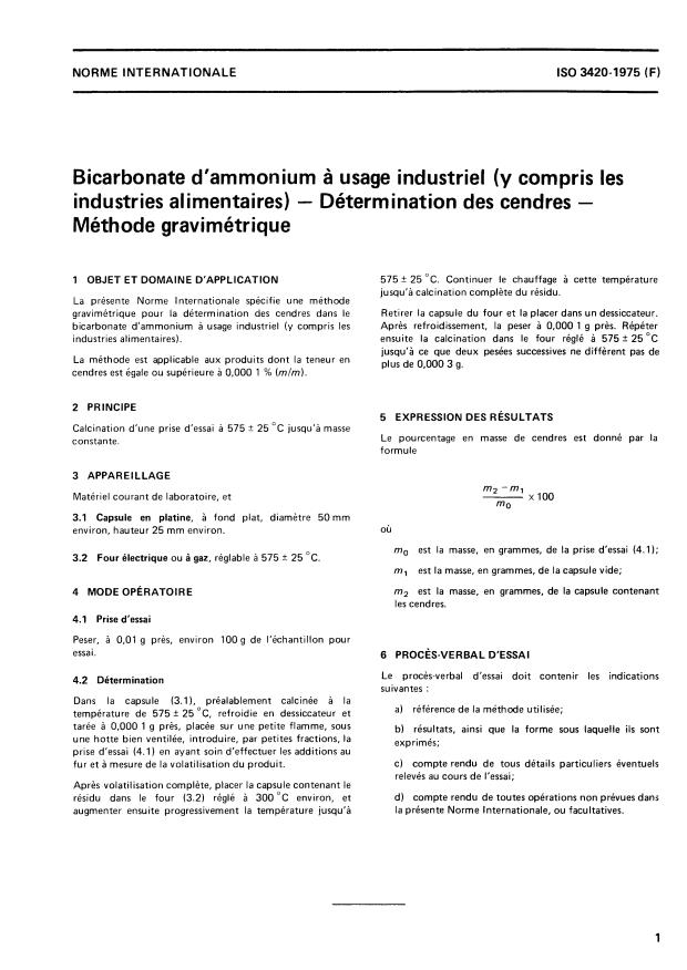 ISO 3420:1975 - Bicarbonate d'ammonium a usage industriel (y compris les industries alimentaires) -- Détermination des cendres -- Méthode gravimétrique