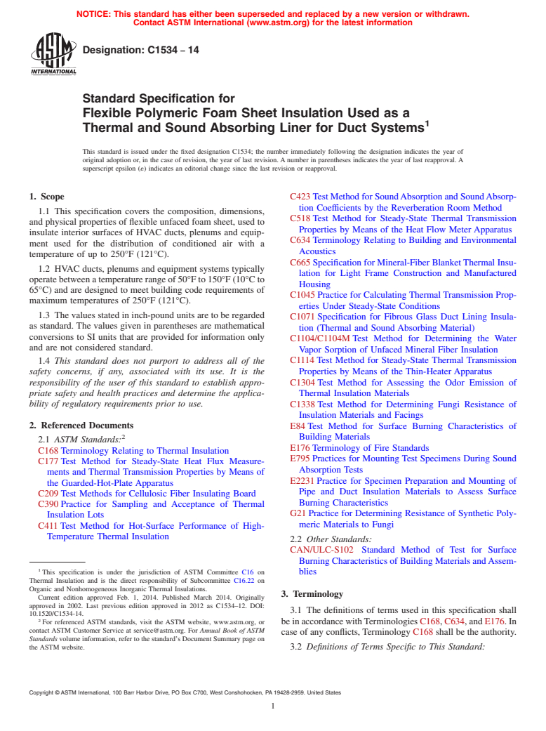 ASTM C1534-14 - Standard Specification for  Flexible Polymeric Foam Sheet Insulation Used as a Thermal  and Sound Absorbing Liner for Duct Systems