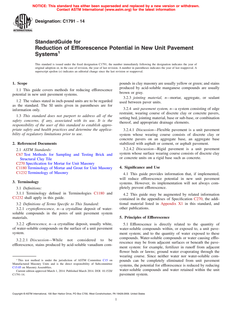 ASTM C1791-14 - Standard Guide for Reduction of Efflorescence Potential in New Unit Pavement Systems