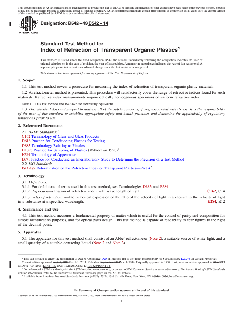 REDLINE ASTM D542-14 - Standard Test Method for  Index of Refraction of Transparent Organic Plastics