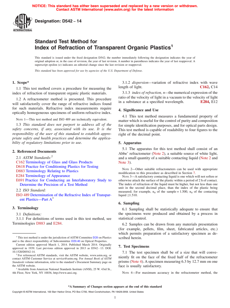 ASTM D542-14 - Standard Test Method for  Index of Refraction of Transparent Organic Plastics