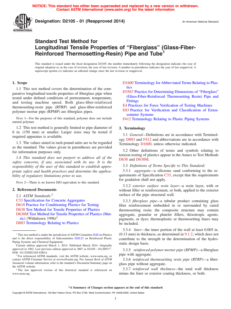 ASTM D2105-01(2014) - Standard Test Method for  Longitudinal Tensile Properties of &ldquo;Fiberglass&rdquo;  &#40;Glass-Fiber-Reinforced Thermosetting-Resin&#41; Pipe and Tube