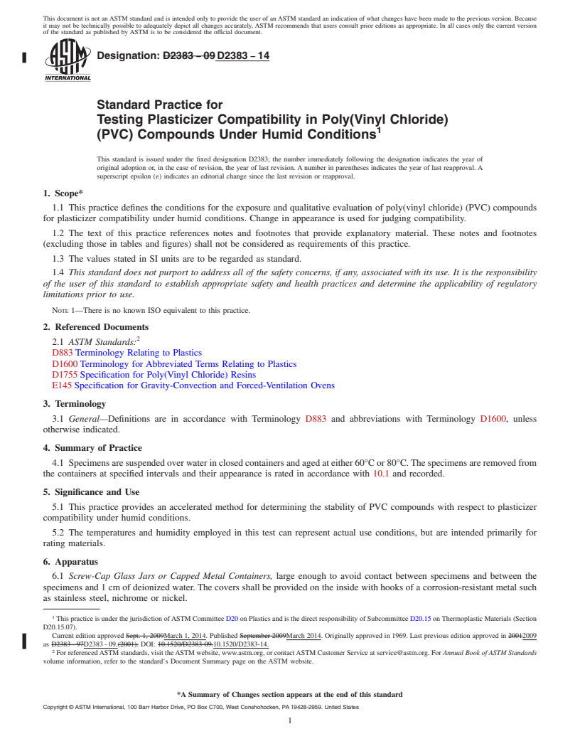 REDLINE ASTM D2383-14 - Standard Practice for  Testing Plasticizer Compatibility in Poly&#40;Vinyl Chloride&#41; &#40;PVC&#41;  Compounds Under Humid Conditions