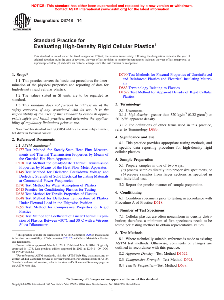 ASTM D3748-14 - Standard Practice for  Evaluating High-Density Rigid Cellular Plastics