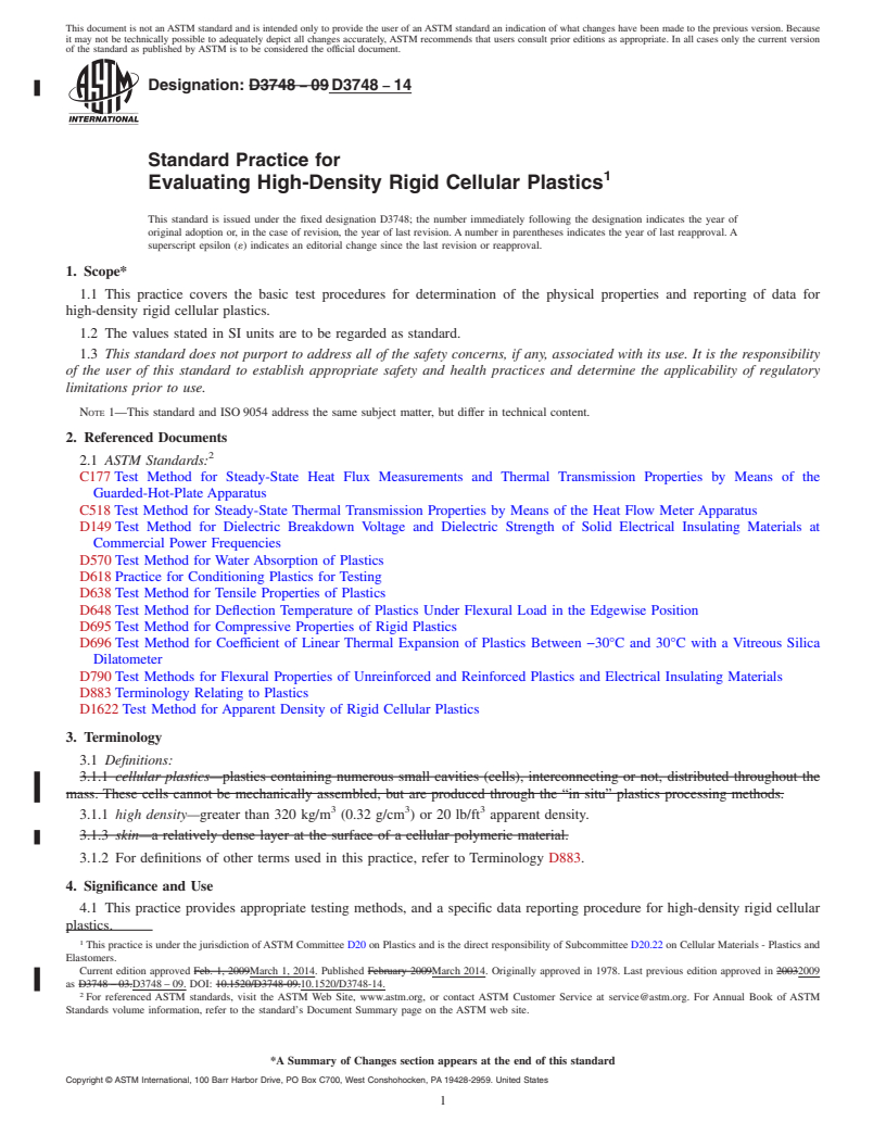 REDLINE ASTM D3748-14 - Standard Practice for  Evaluating High-Density Rigid Cellular Plastics