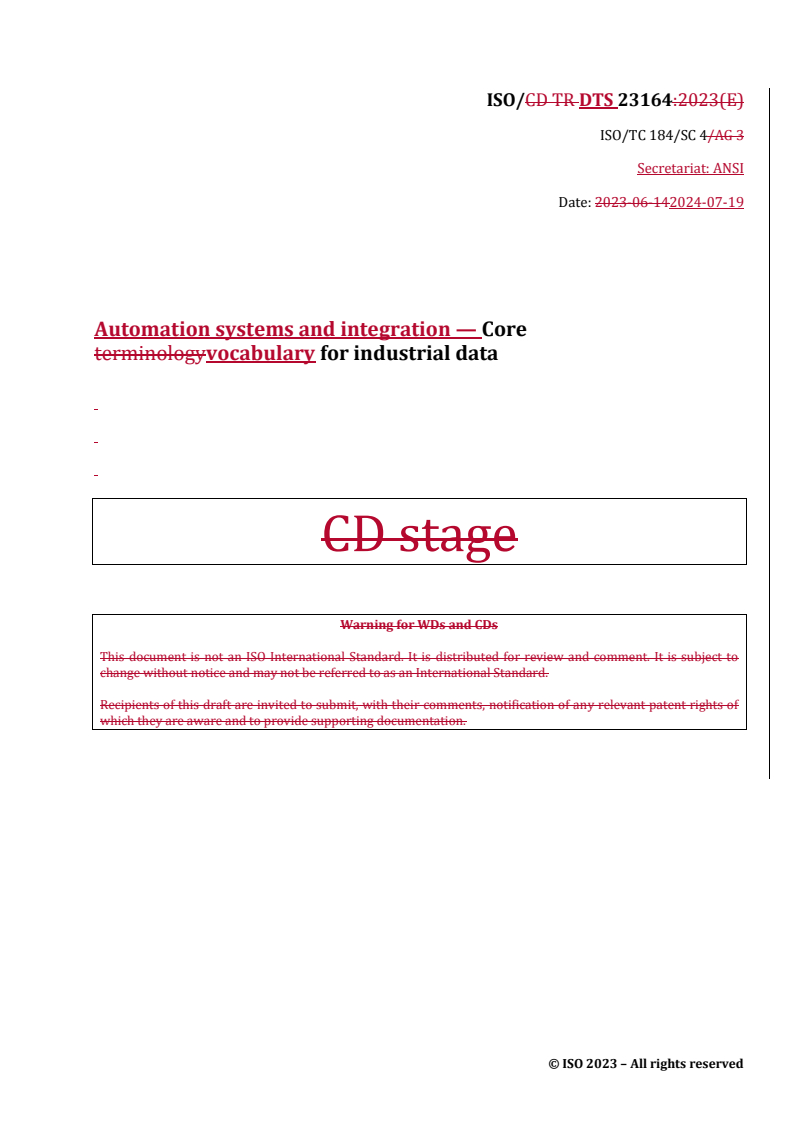 REDLINE ISO/DTS 23164 - Automation systems and integration — Core vocabulary for industrial data
Released:19. 07. 2024