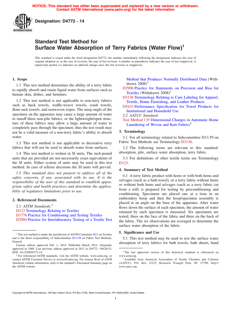 ASTM D4772-14 - Standard Test Method for  Surface Water Absorption of Terry Fabrics &#40;Water Flow&#41;