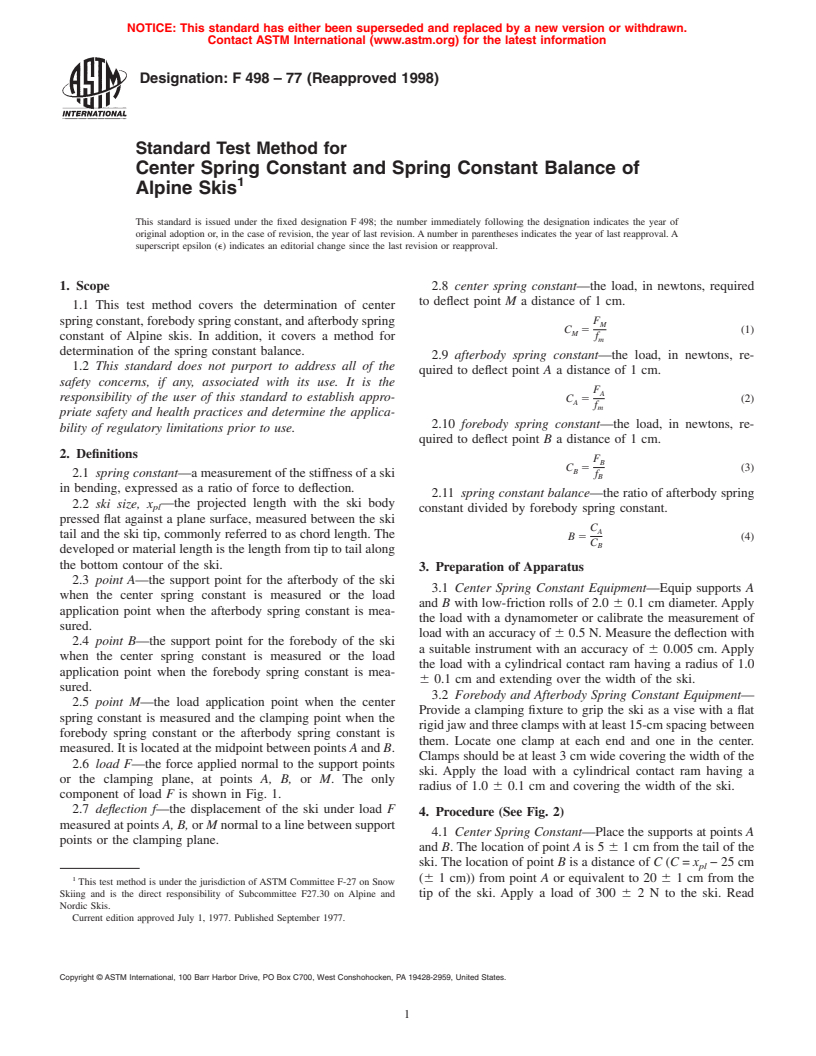 ASTM F498-77(1998) - Standard Test Method for Center Spring Constant and Spring Constant Balance of Alpine Skis