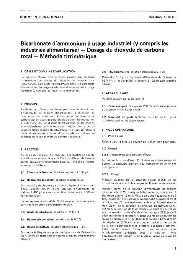 ISO 3422:1975 - Bicarbonate d'ammonium a usage industriel (y compris les industries alimentaires) -- Dosage du dioxyde de carbone total -- Méthode titrimétrique