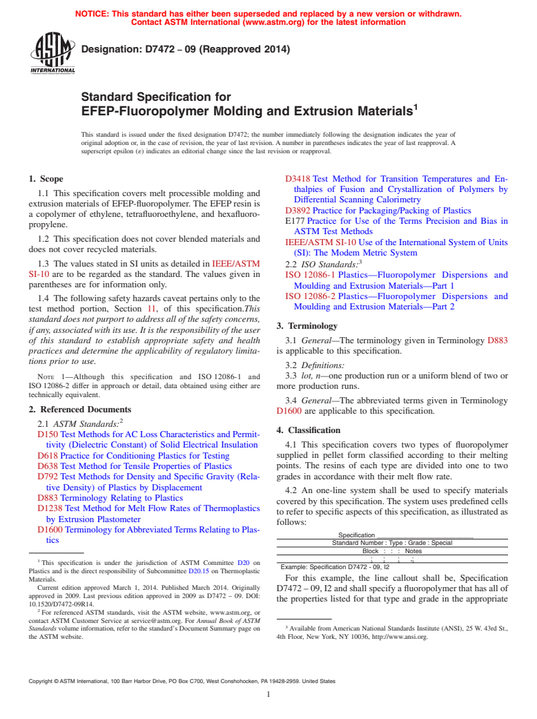 ASTM D7472-09(2014) - Standard Specification for  EFEP-Fluoropolymer Molding and Extrusion Materials