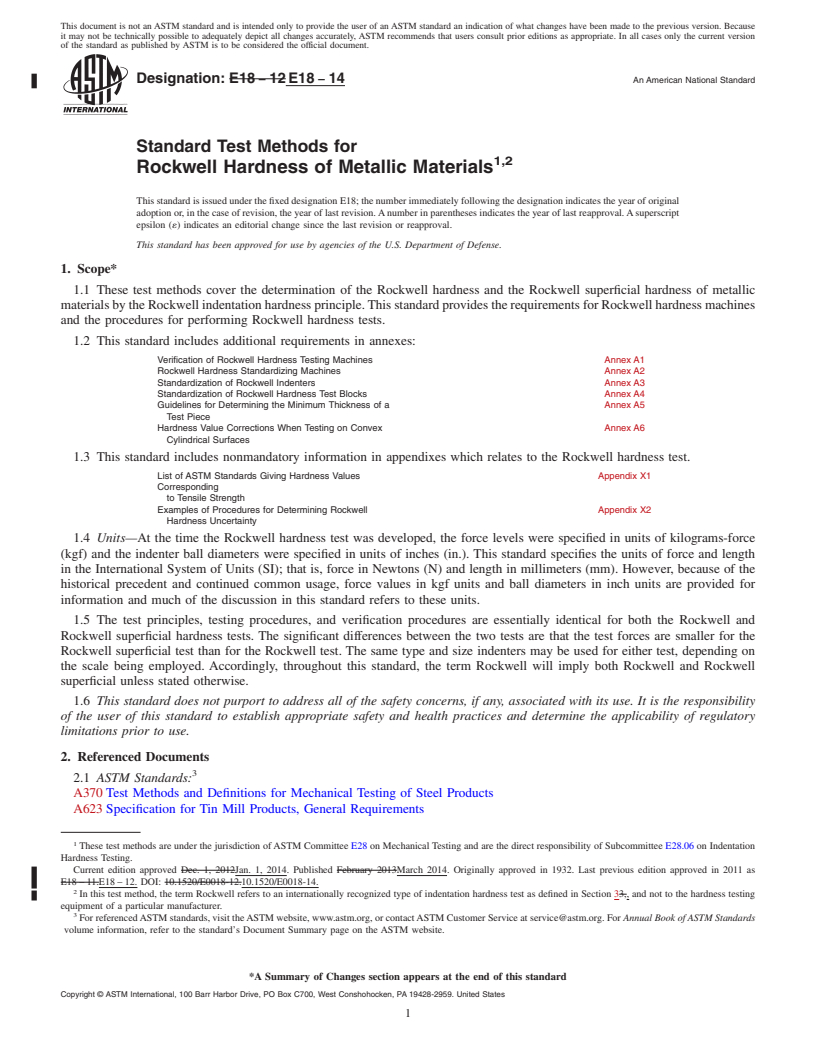 REDLINE ASTM E18-14 - Standard Test Methods for  Rockwell Hardness of Metallic Materials