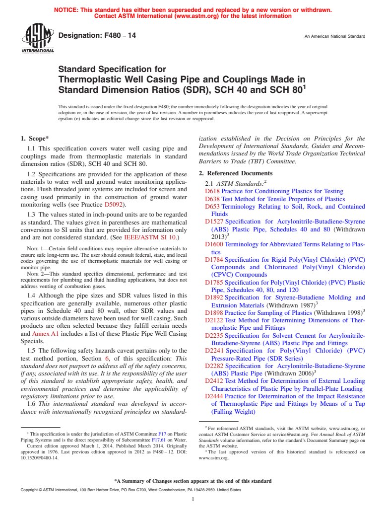 ASTM F480-14 - Standard Specification for  Thermoplastic Well Casing Pipe and Couplings Made in Standard  Dimension Ratios &#40;SDR&#41;, SCH 40 and SCH 80
