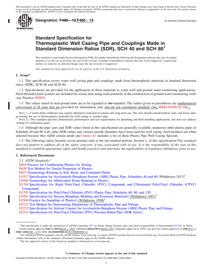 REDLINE ASTM F480-14 - Standard Specification for  Thermoplastic Well Casing Pipe and Couplings Made in Standard  Dimension Ratios &#40;SDR&#41;, SCH 40 and SCH 80