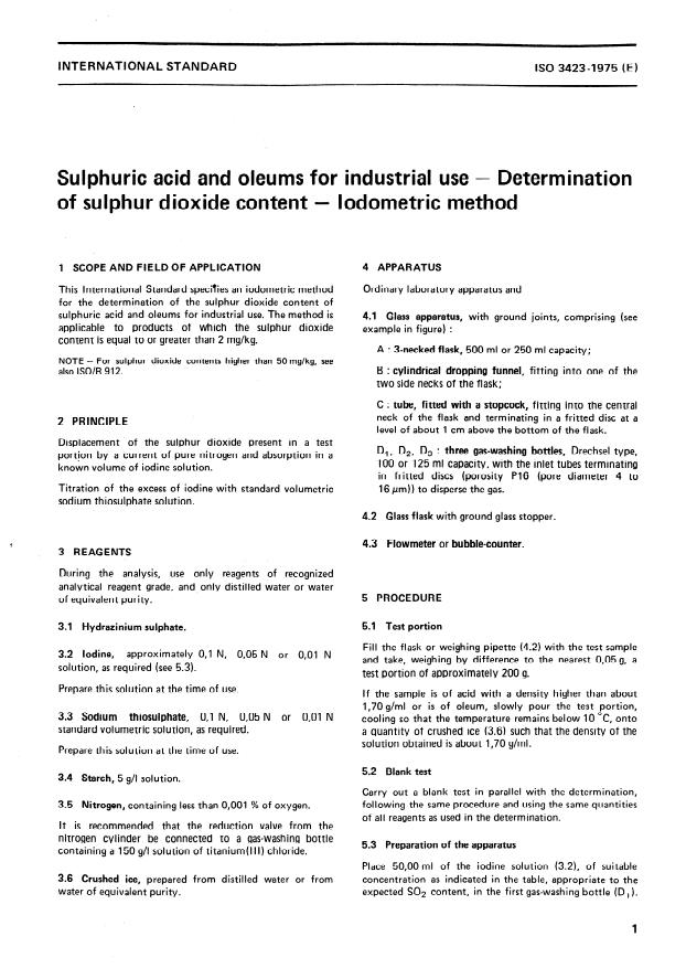 ISO 3423:1975 - Sulphuric acid and oleums for industrial use -- Determination of sulphur dioxide content -- Iodometric method
