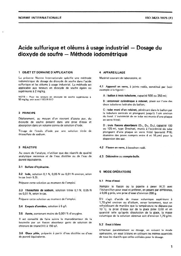 ISO 3423:1975 - Acide sulfurique et oléums a usage industriel -- Dosage du dioxyde de soufre -- Méthode iodométrique