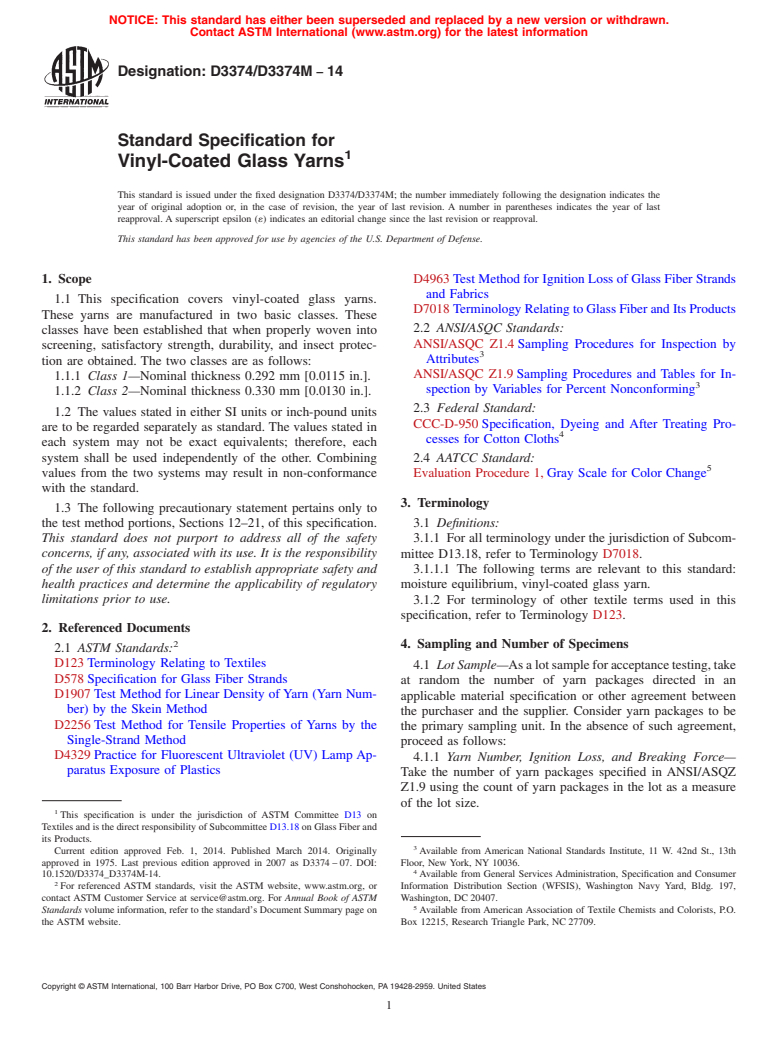 ASTM D3374/D3374M-14 - Standard Specification for Vinyl-Coated Glass Yarns (Withdrawn 2023)