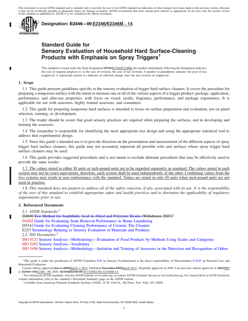 REDLINE ASTM E2346/E2346M-14 - Standard Guide for Sensory Evaluation of Household Hard Surface-Cleaning Products with Emphasis on Spray Triggers