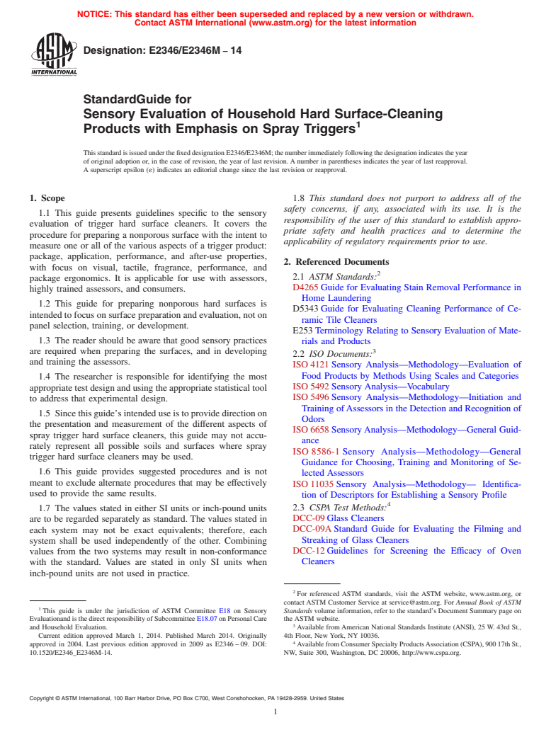 ASTM E2346/E2346M-14 - Standard Guide for Sensory Evaluation of Household Hard Surface-Cleaning Products with Emphasis on Spray Triggers