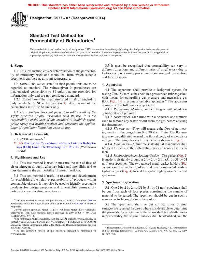 ASTM C577-07(2014) - Standard Test Method for  Permeability of Refractories