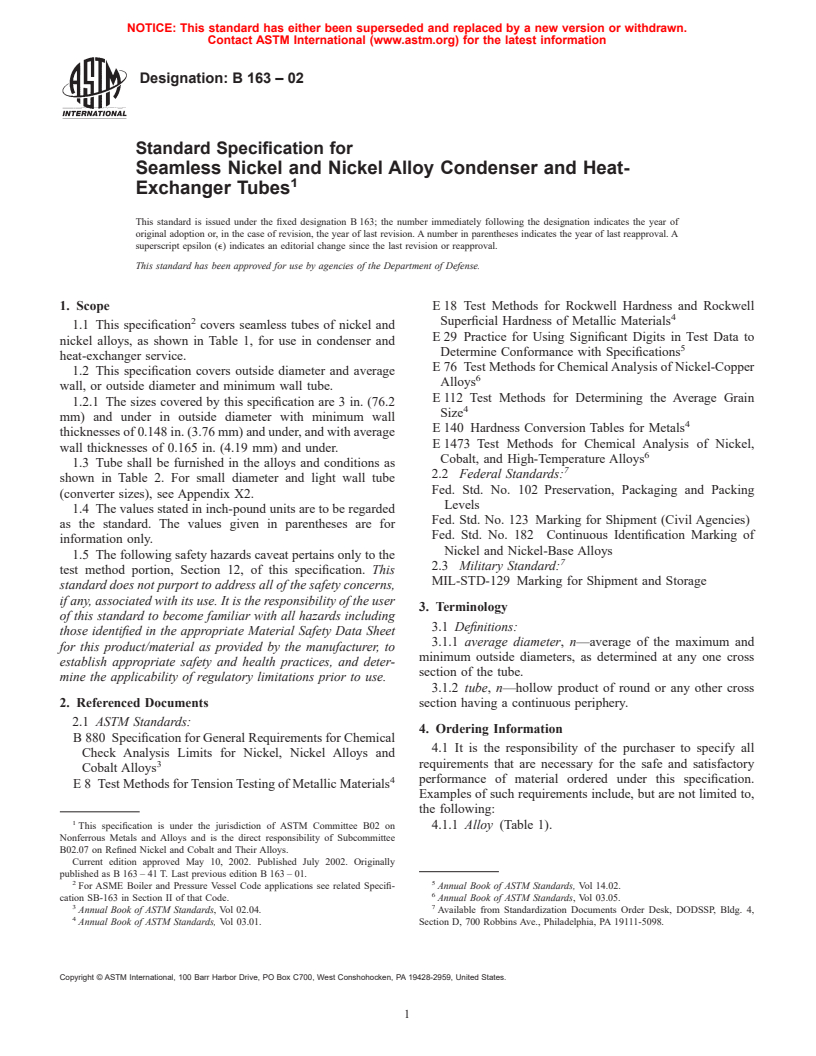 ASTM B163-02 - Standard Specification for Seamless Nickel and Nickel Alloy Condenser and Heat-Exchanger Tubes