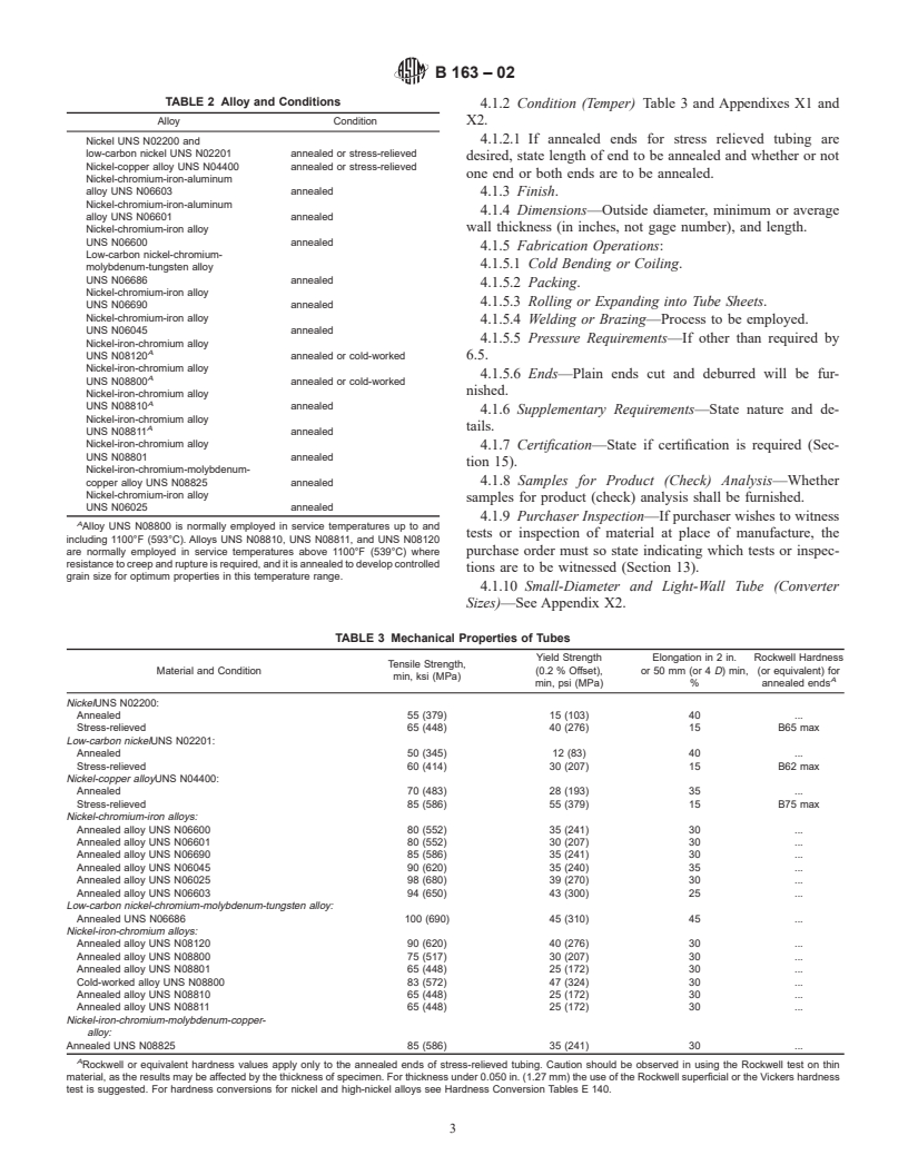 ASTM B163-02 - Standard Specification for Seamless Nickel and Nickel Alloy Condenser and Heat-Exchanger Tubes