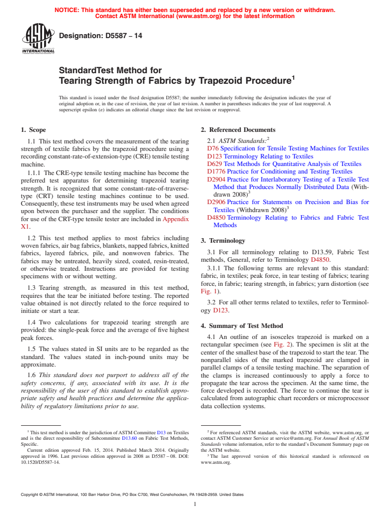 ASTM D5587-14 - Standard Test Method for  Tearing Strength of Fabrics by Trapezoid Procedure