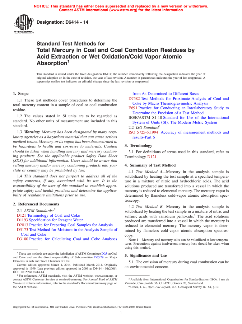 ASTM D6414-14 - Standard Test Methods for  Total Mercury in Coal and Coal Combustion Residues by Acid  Extraction or Wet Oxidation/Cold Vapor Atomic Absorption