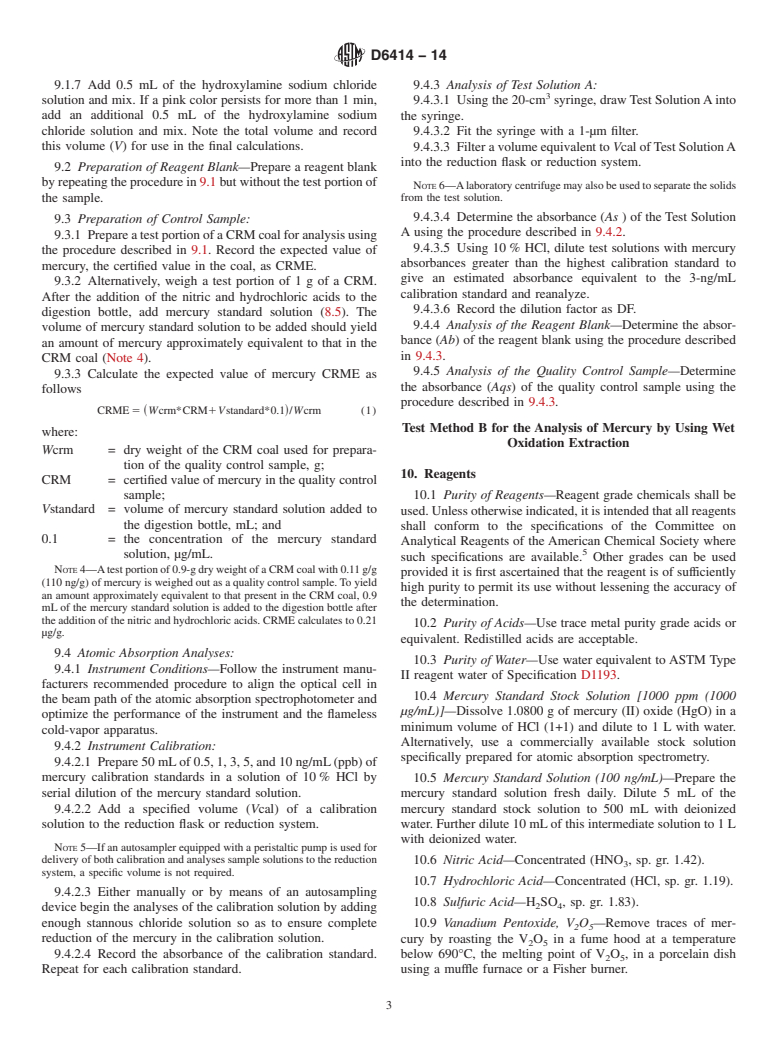 ASTM D6414-14 - Standard Test Methods for  Total Mercury in Coal and Coal Combustion Residues by Acid  Extraction or Wet Oxidation/Cold Vapor Atomic Absorption