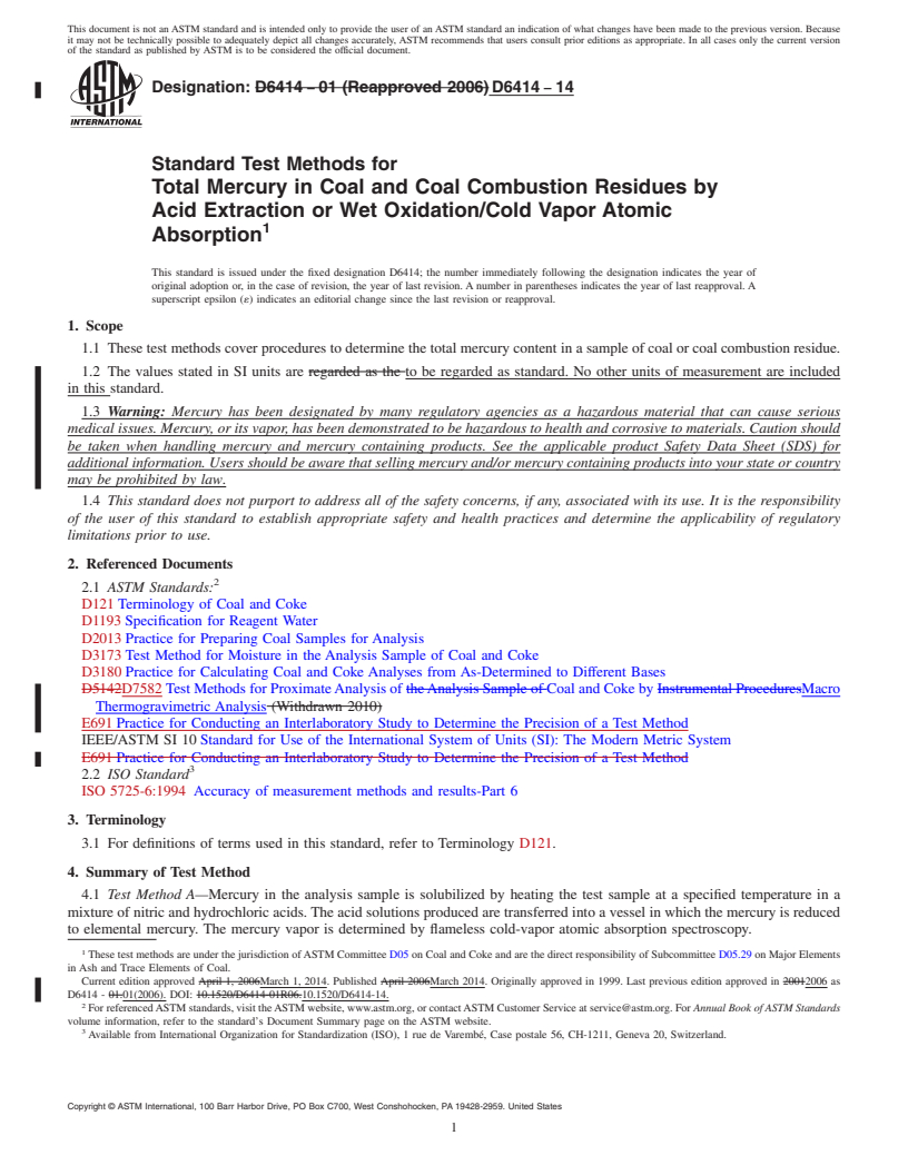 REDLINE ASTM D6414-14 - Standard Test Methods for  Total Mercury in Coal and Coal Combustion Residues by Acid  Extraction or Wet Oxidation/Cold Vapor Atomic Absorption