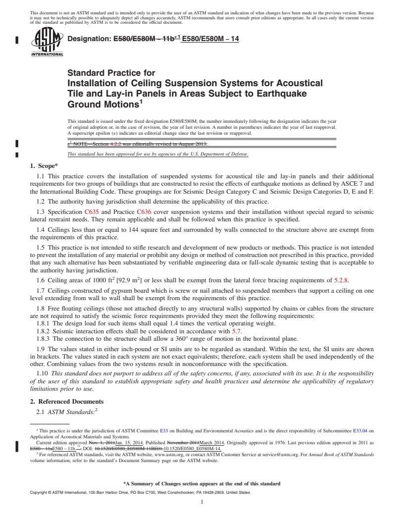 REDLINE ASTM E580/E580M-14 - Standard Practice for  Installation of Ceiling Suspension Systems for Acoustical Tile  and Lay-in Panels in Areas Subject to Earthquake Ground Motions