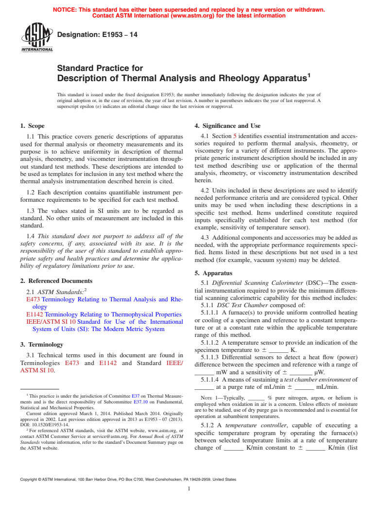ASTM E1953-14 - Standard Practice for  Description of Thermal Analysis and Rheology Apparatus